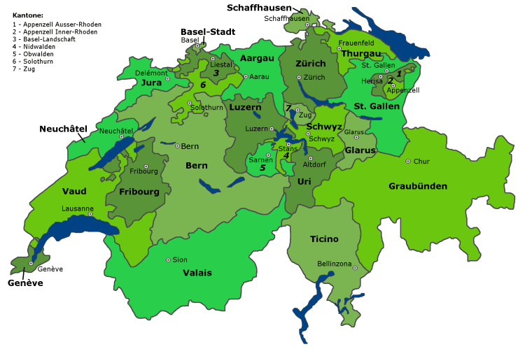Карта швейцарии на русском языке с кантонами